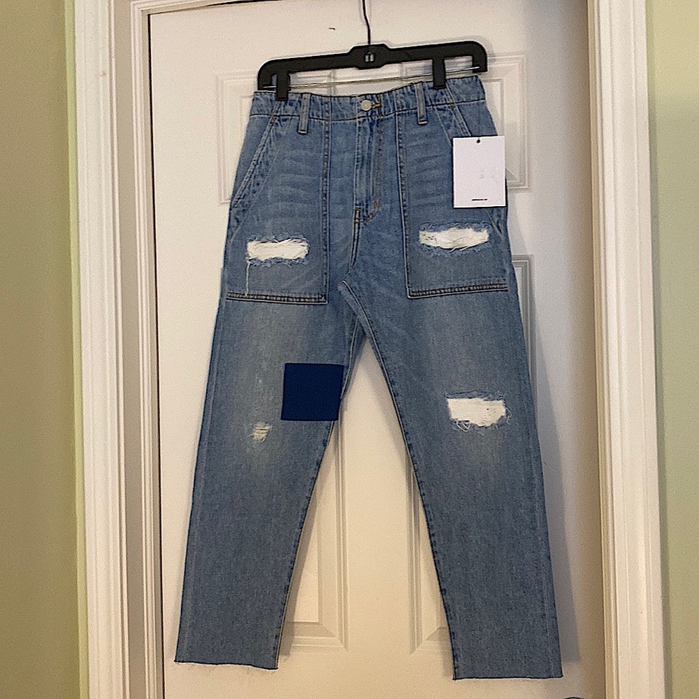 Free People SR vs Sandrine Rose indigo distressed cargo jeans with patch… - Picture 4 of 14